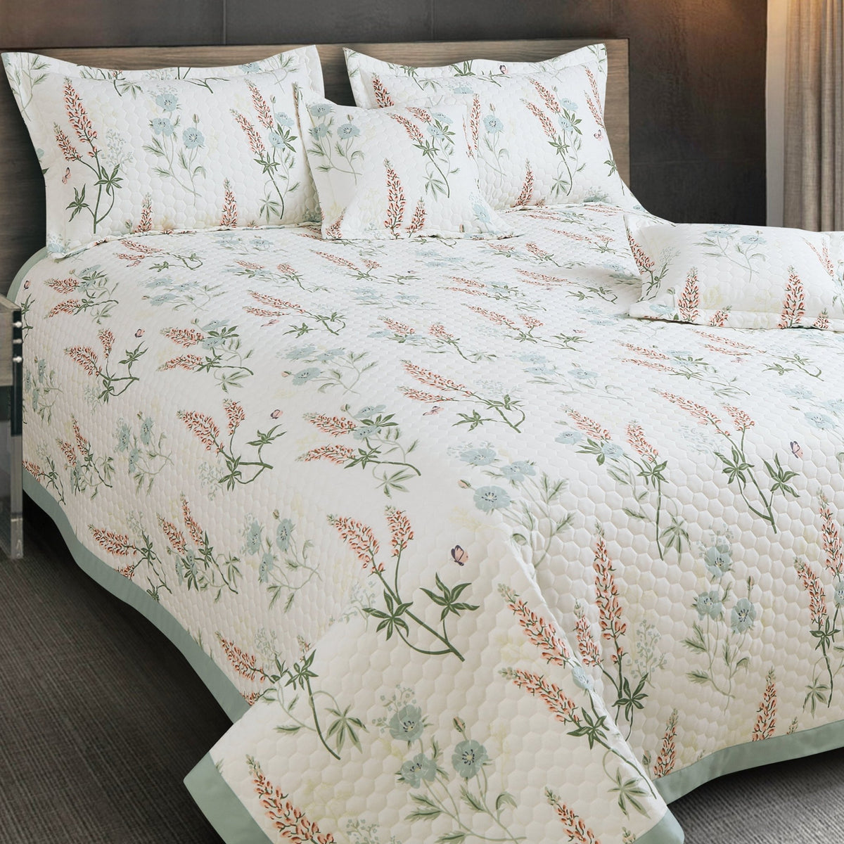 Malako Royale 100% Cotton Off White Floral King Size 5 Piece Quilted Bedspread Set - MALAKO