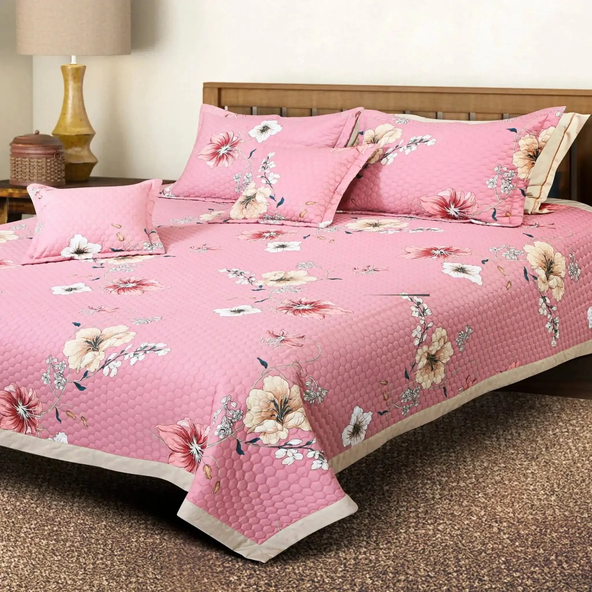 Malako Royale 100% Cotton Pink Floral King Size 5 Piece Quilted Bedspread Set