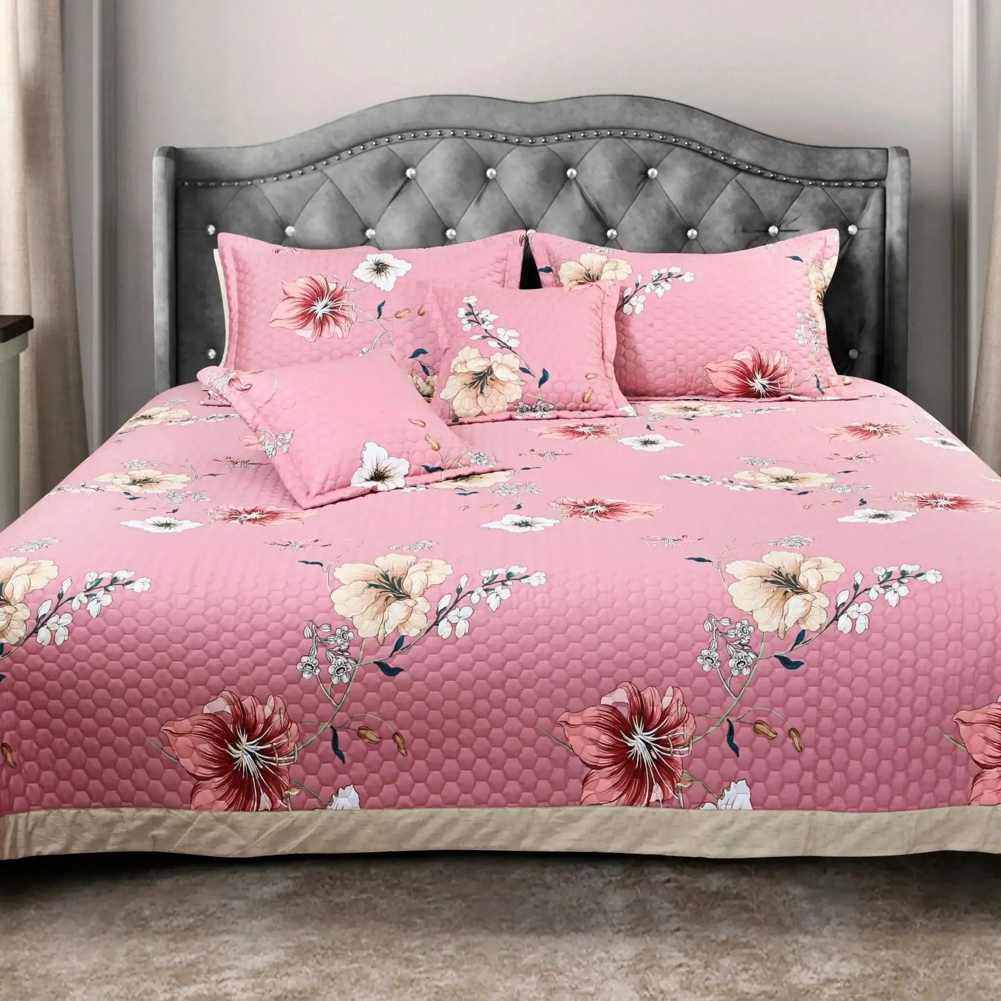 Malako Royale 100% Cotton Pink Floral King Size 5 Piece Quilted Bedspread Set