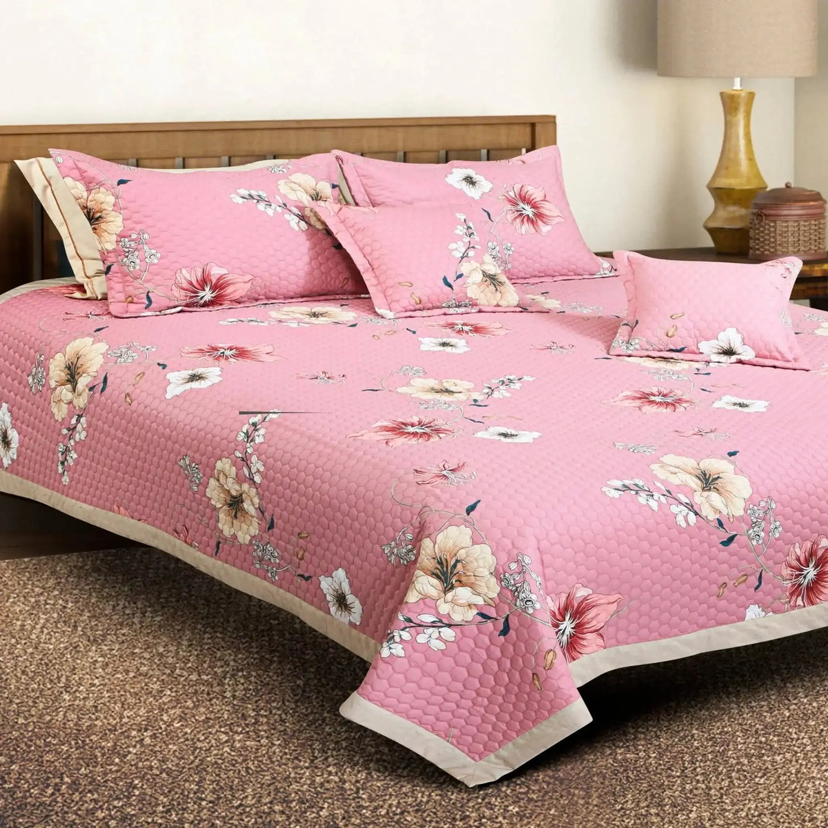 Malako Royale 100% Cotton Pink Floral King Size 5 Piece Quilted Bedspread Set