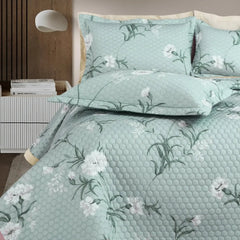 Malako Royale 100% Cotton Sage Green Botanical King Size 5 Piece Quilted Bedspread Set