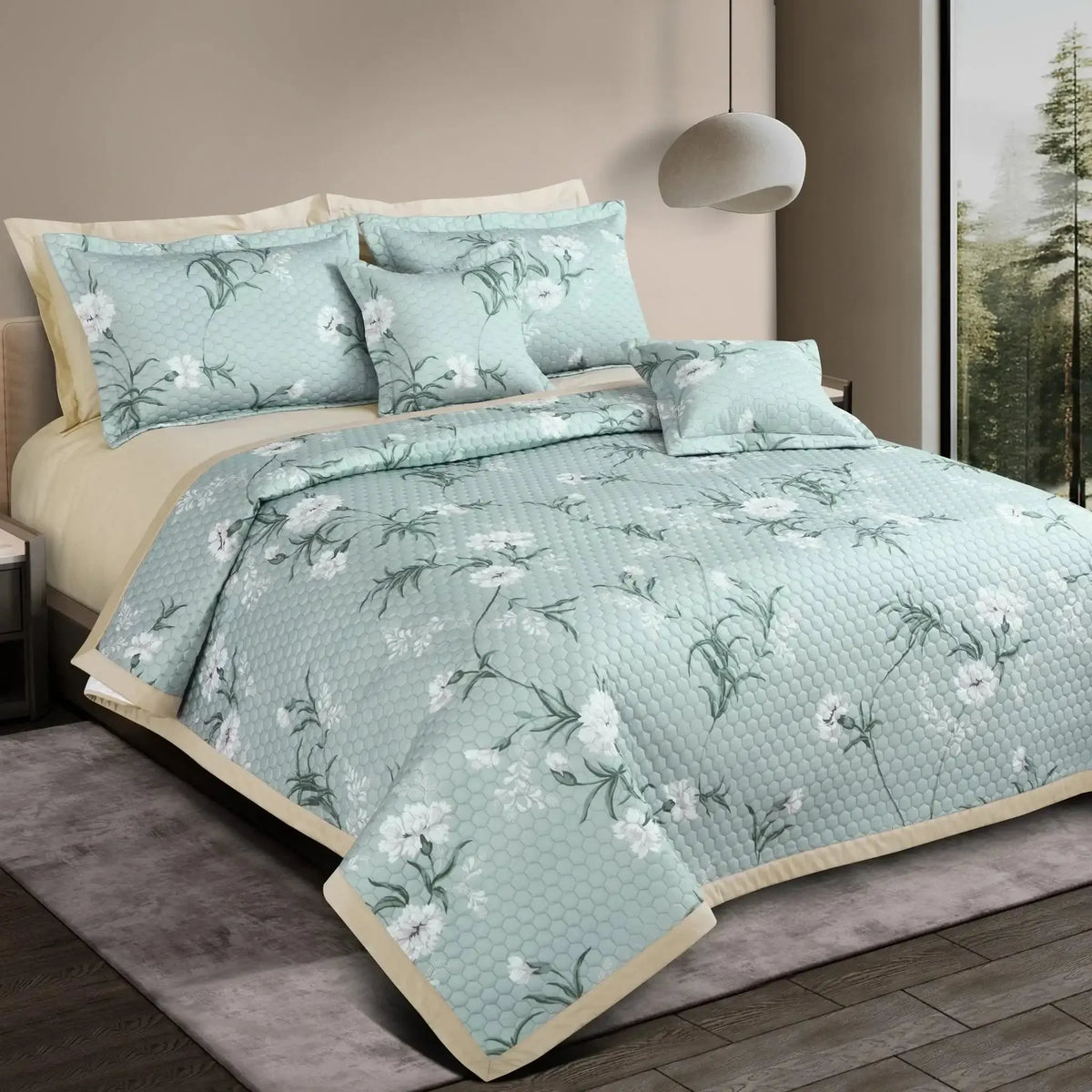 Malako Royale 100% Cotton Sage Green Botanical King Size 5 Piece Quilted Bedspread Set