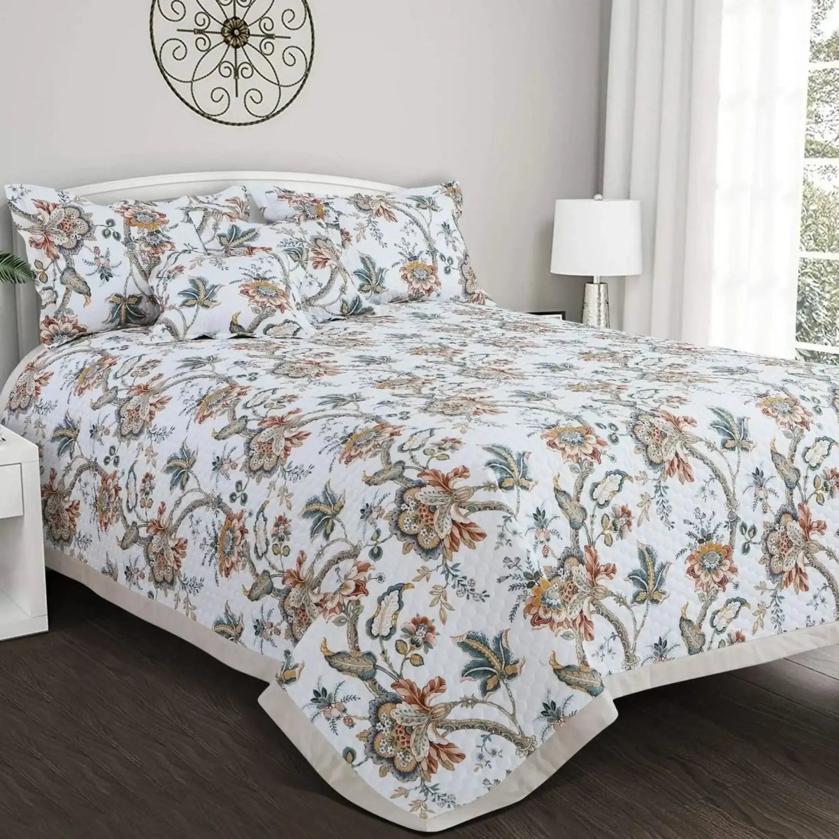 Malako Royale 100% Cotton White Botanical King Size 5 Piece Quilted Bedspread Set