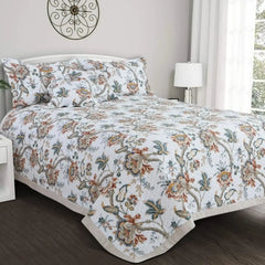 Malako Royale 100% Cotton White Botanical King Size 5 Piece Quilted Bedspread Set