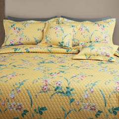 Malako Royale 100% Cotton Yellow Botanical King Size 5 Piece Quilted Bedspread Set