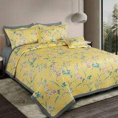 Malako Royale 100% Cotton Yellow Botanical King Size 5 Piece Quilted Bedspread Set
