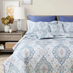 Malako Royale 100% Cotton White and Blue Ethnic King Size 5 Piece Quilted Bedspread Set