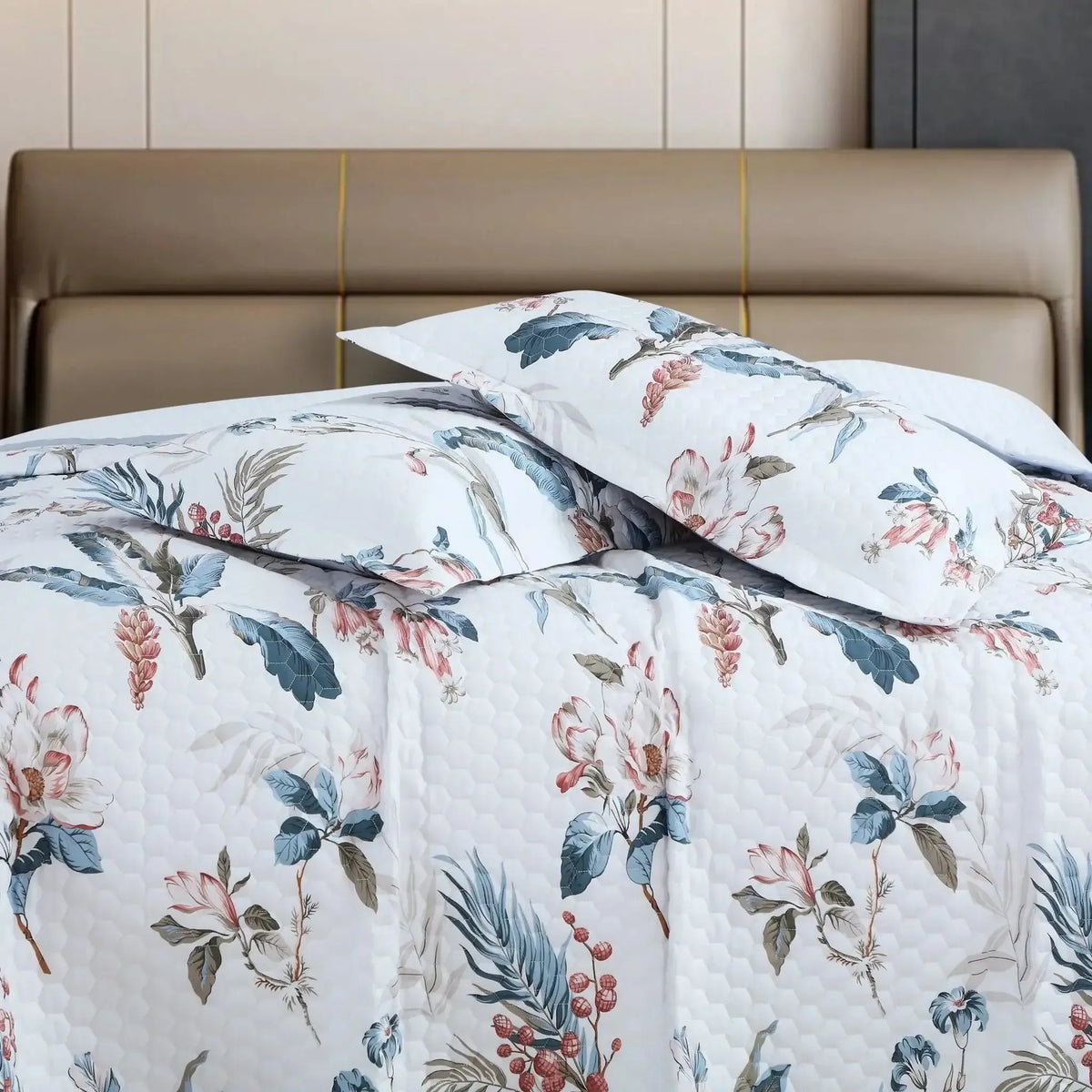 Malako Royale 100% Cotton White Botanical King Size 5 Piece Quilted Bedspread Set