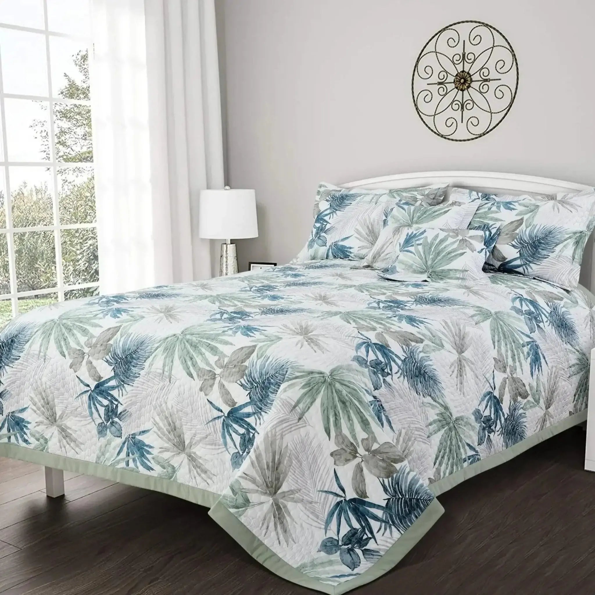Malako Royale 100% Cotton White Botanical King Size 5 Piece Quilted Bedspread Set