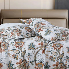 Malako Royale 100% Cotton White Botanical King Size 5 Piece Quilted Bedspread Set