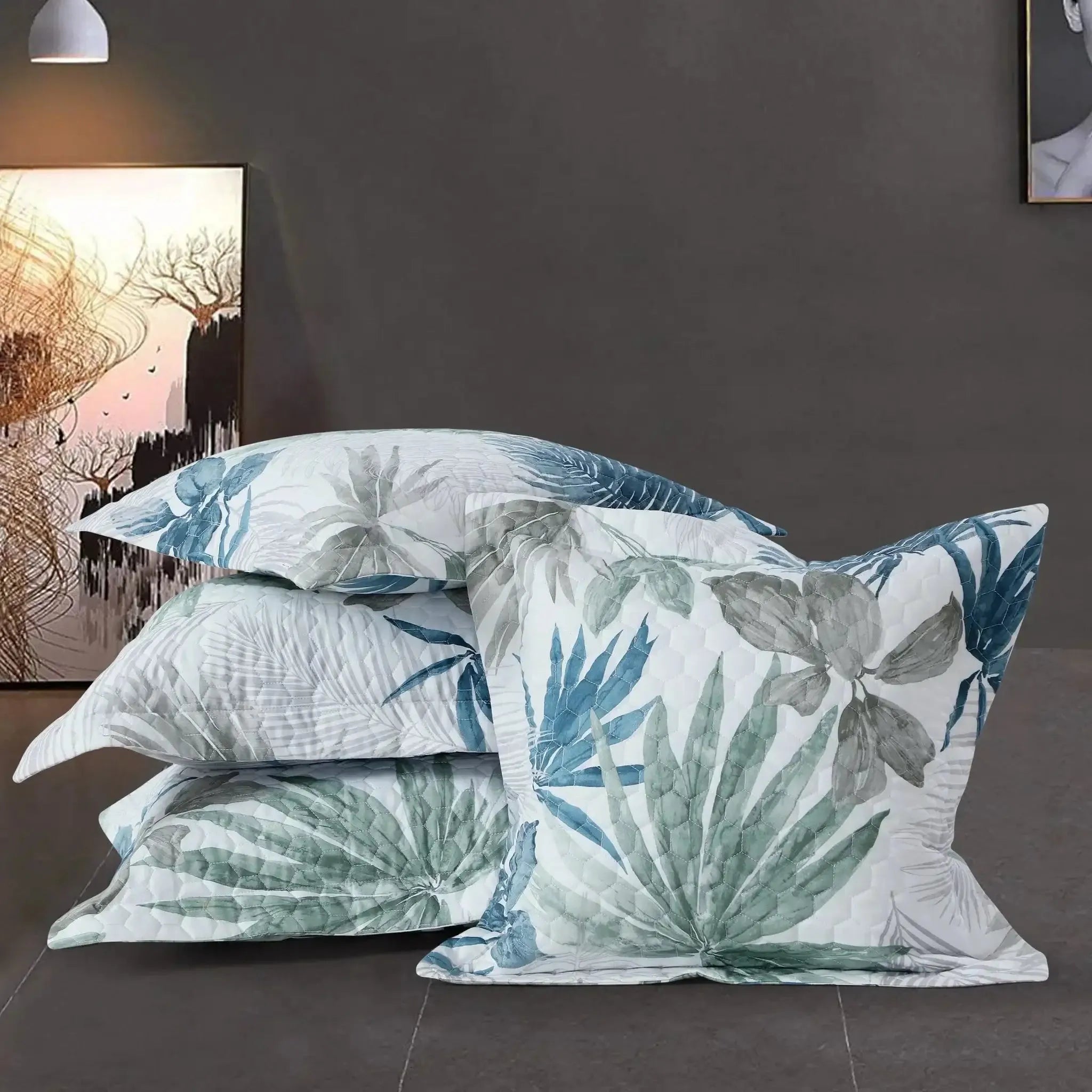 Malako Royale 100% Cotton White Botanical King Size 5 Piece Quilted Bedspread Set