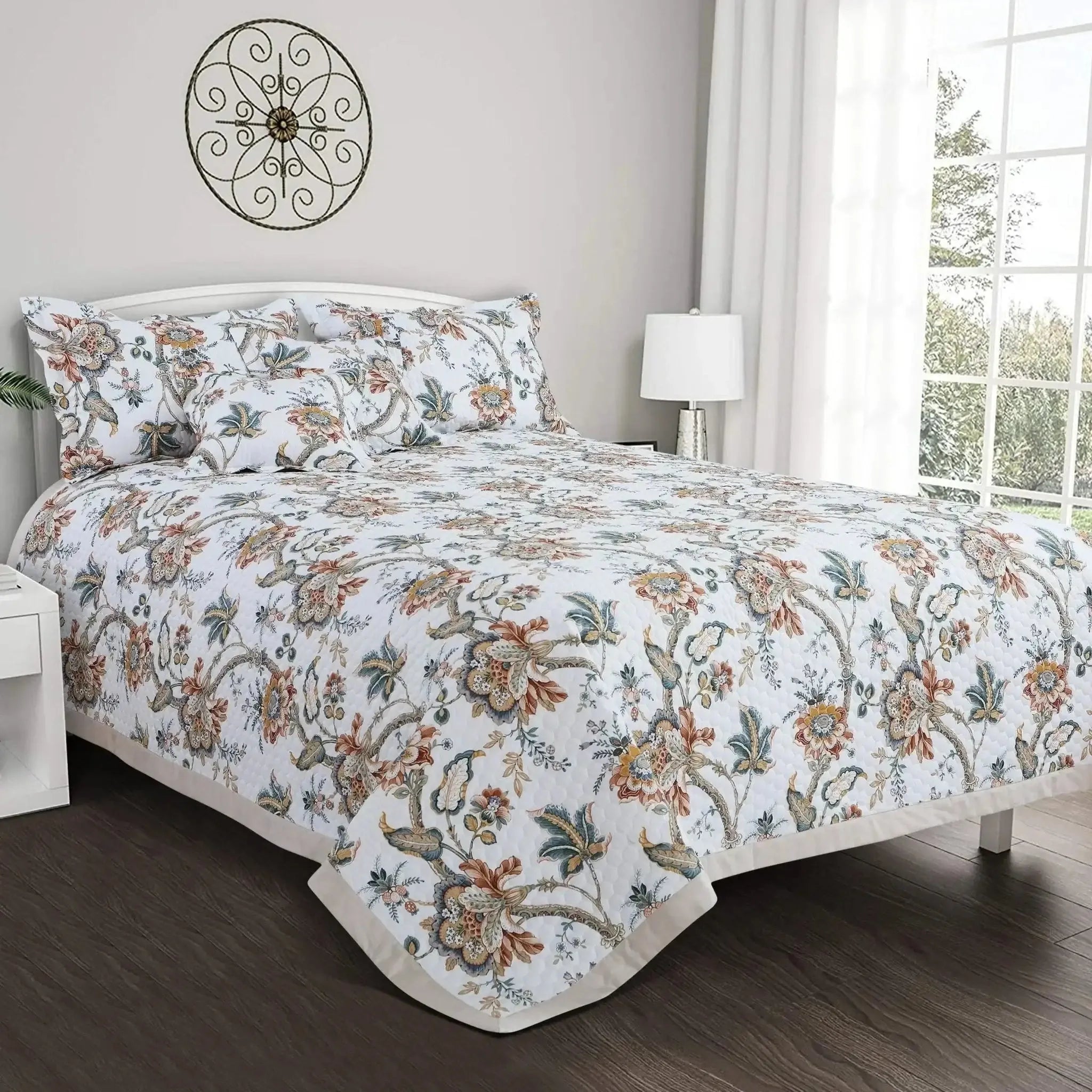 Malako Royale 100% Cotton White Botanical King Size 5 Piece Quilted Bedspread Set