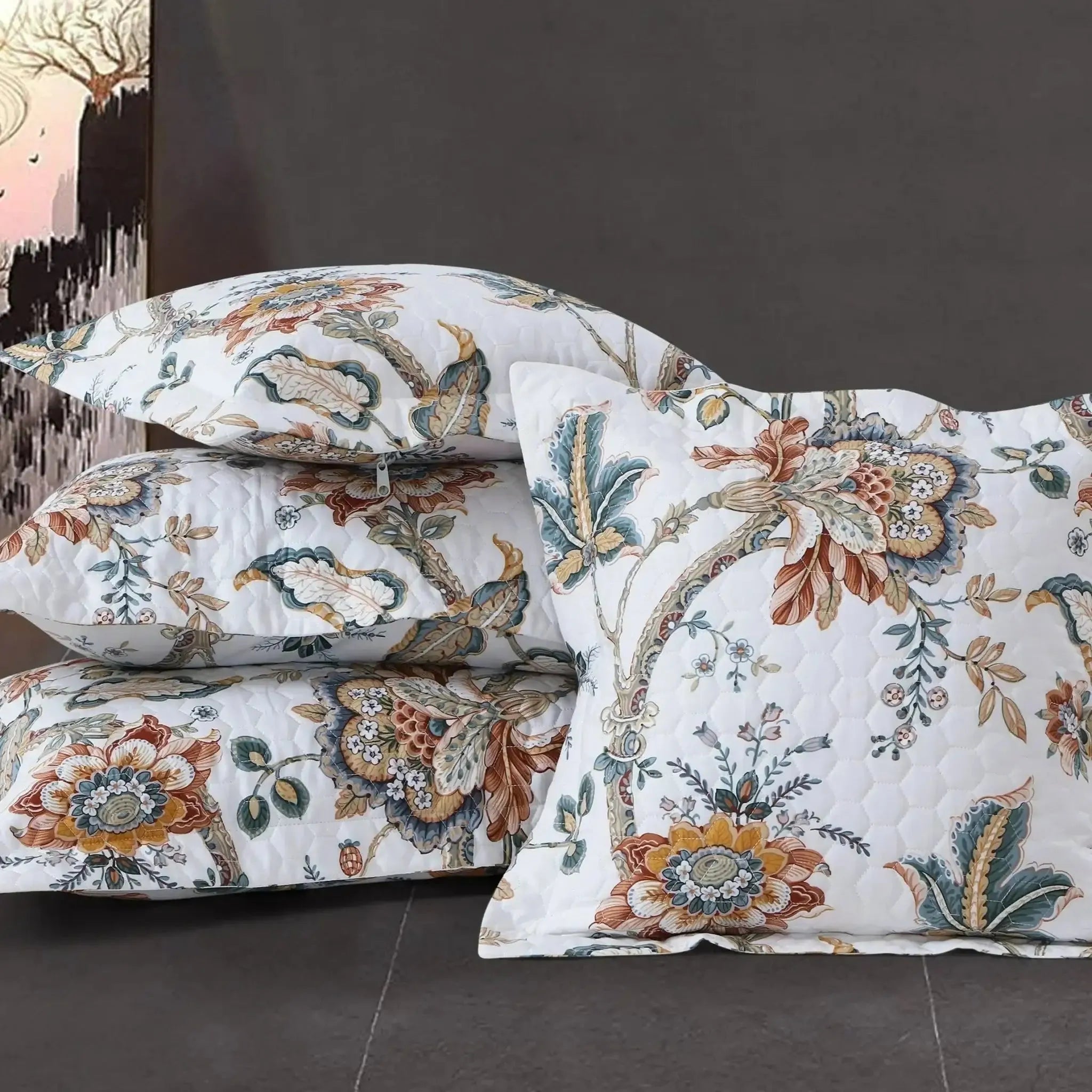 Malako Royale 100% Cotton White Botanical King Size 5 Piece Quilted Bedspread Set