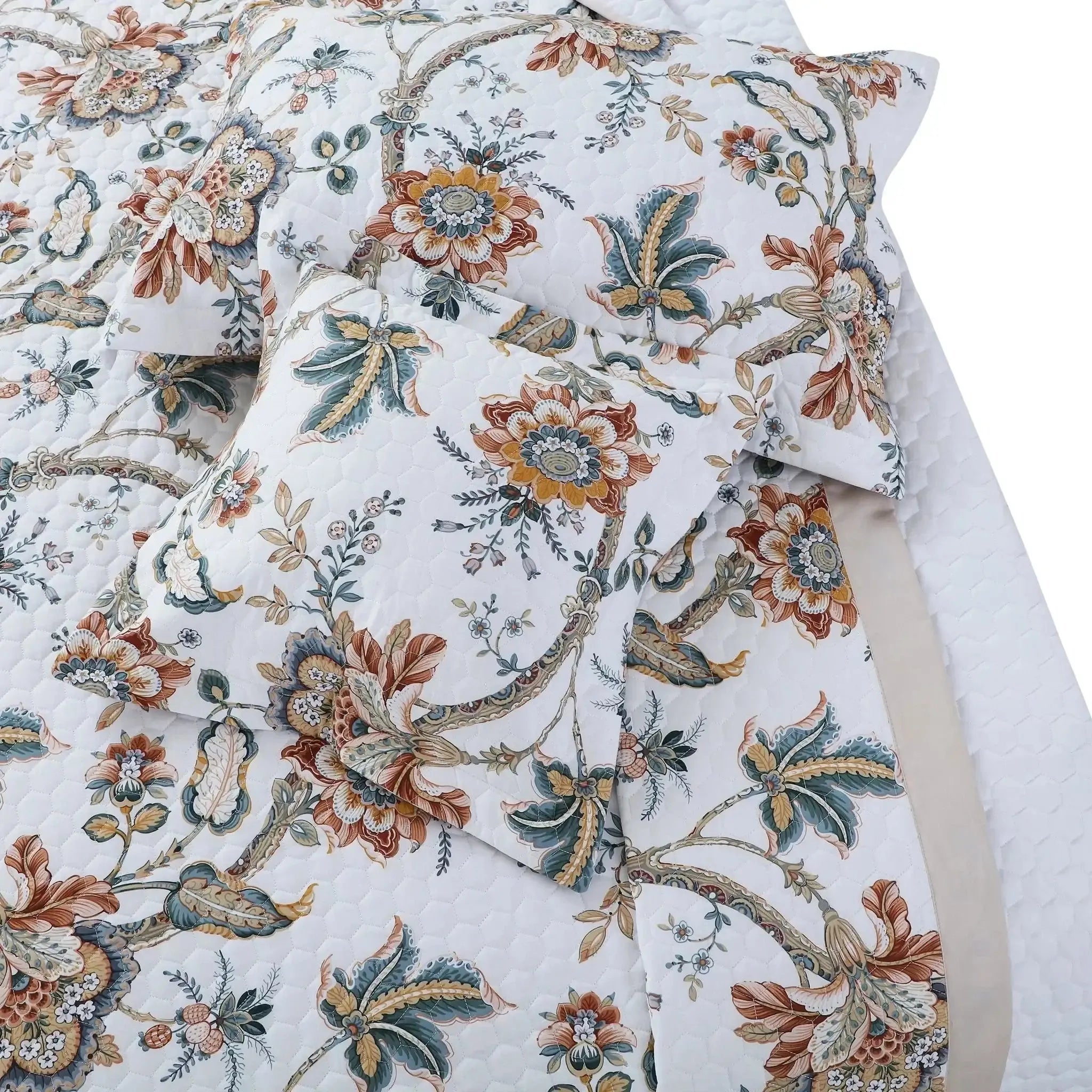 Malako Royale 100% Cotton White Botanical King Size 5 Piece Quilted Bedspread Set