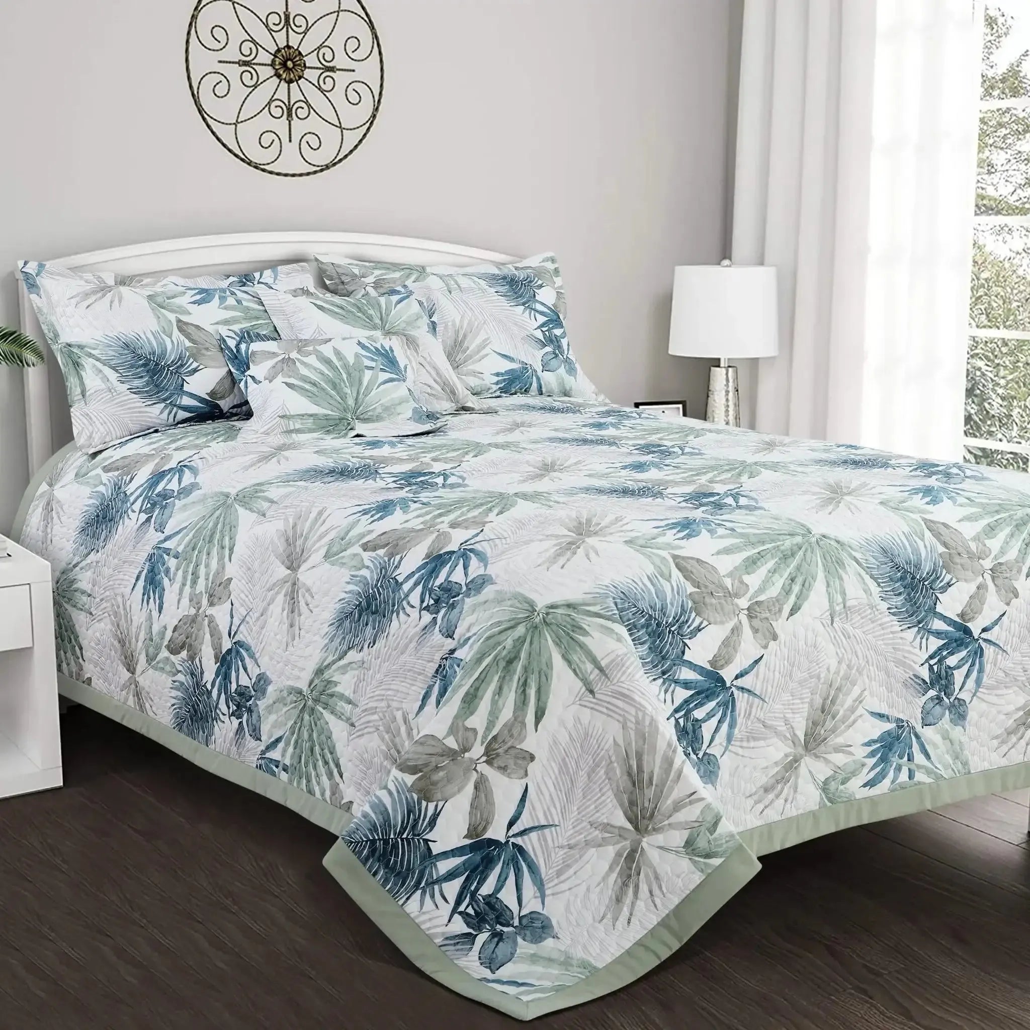 Malako Royale 100% Cotton White Botanical King Size 5 Piece Quilted Bedspread Set