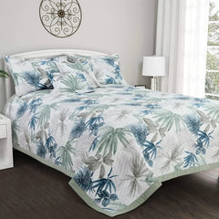 Malako Royale 100% Cotton White Botanical King Size 5 Piece Quilted Bedspread Set