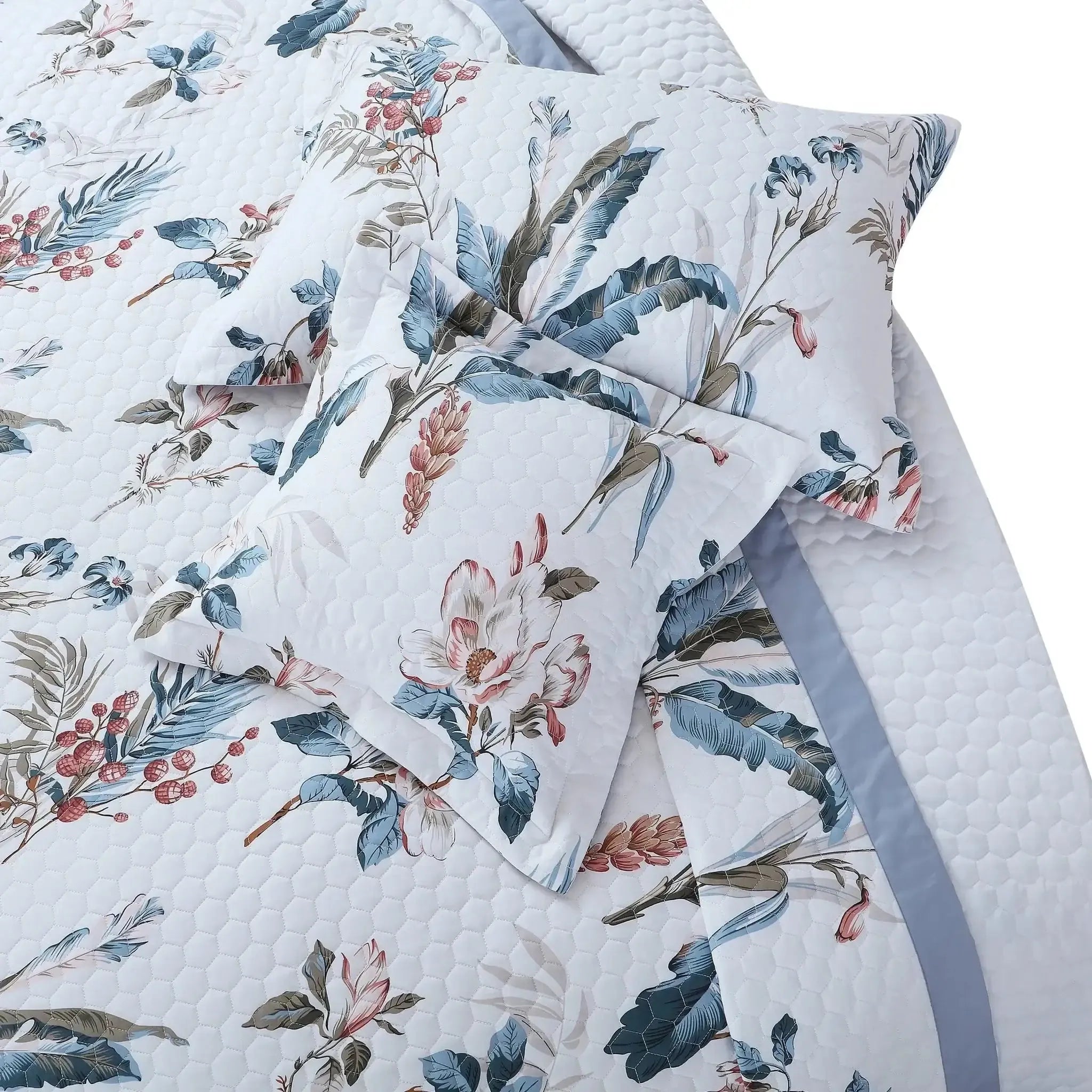 Malako Royale 100% Cotton White Botanical King Size 5 Piece Quilted Bedspread Set
