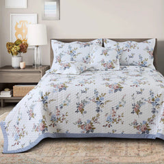 Malako Royale 100% Cotton White Floral King Size 5 Piece Quilted Bedspread Set