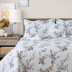 Malako Royale 100% Cotton White Floral King Size 5 Piece Quilted Bedspread Set
