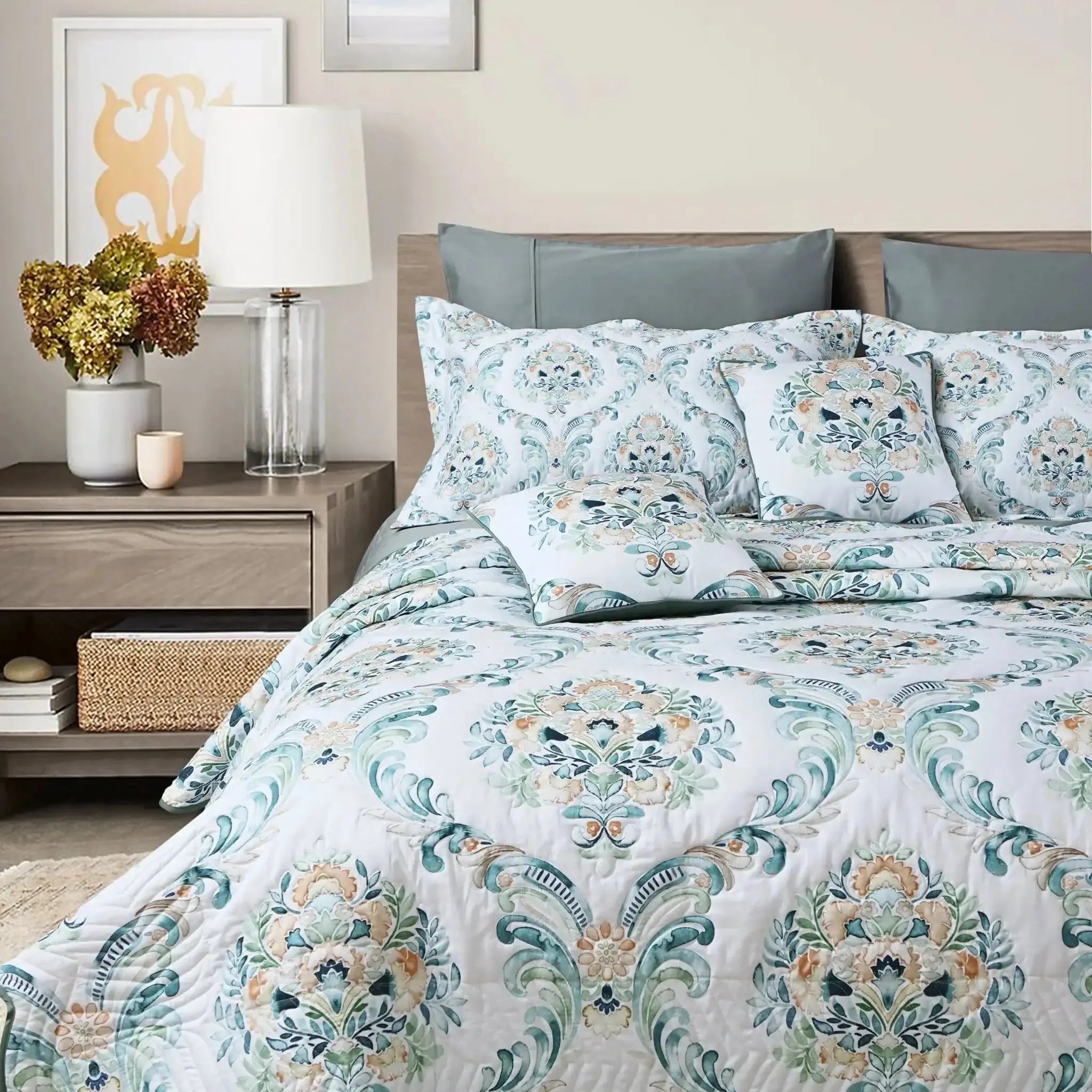 Malako Royale 100% Cotton White and Green Ethnic King Size 5 Piece Quilted Bedspread Set