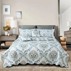 Malako Royale 100% Cotton White and Green Ethnic King Size 5 Piece Quilted Bedspread Set