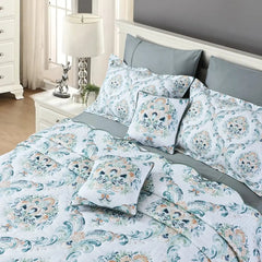 Malako Royale 100% Cotton White and Green Ethnic King Size 5 Piece Quilted Bedspread Set