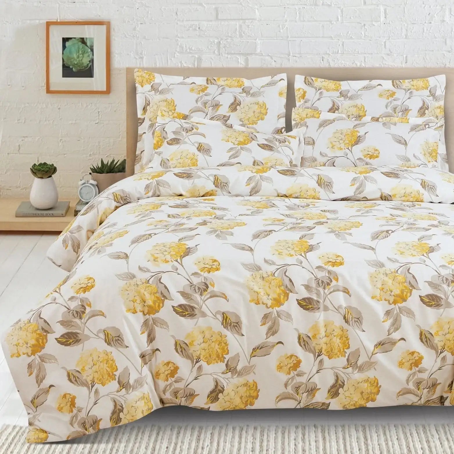 Malako Royale XL Off White & Yellow Botanic 100% Cotton King Size Bed Sheet - MALAKO