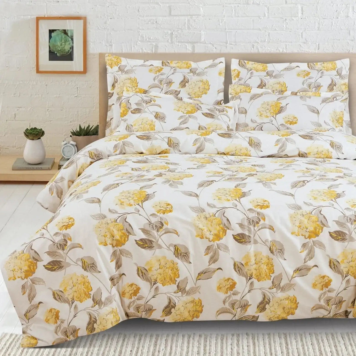Malako Royale XL Off White & Yellow Botanic 100% Cotton King Size Bed Sheet - MALAKO