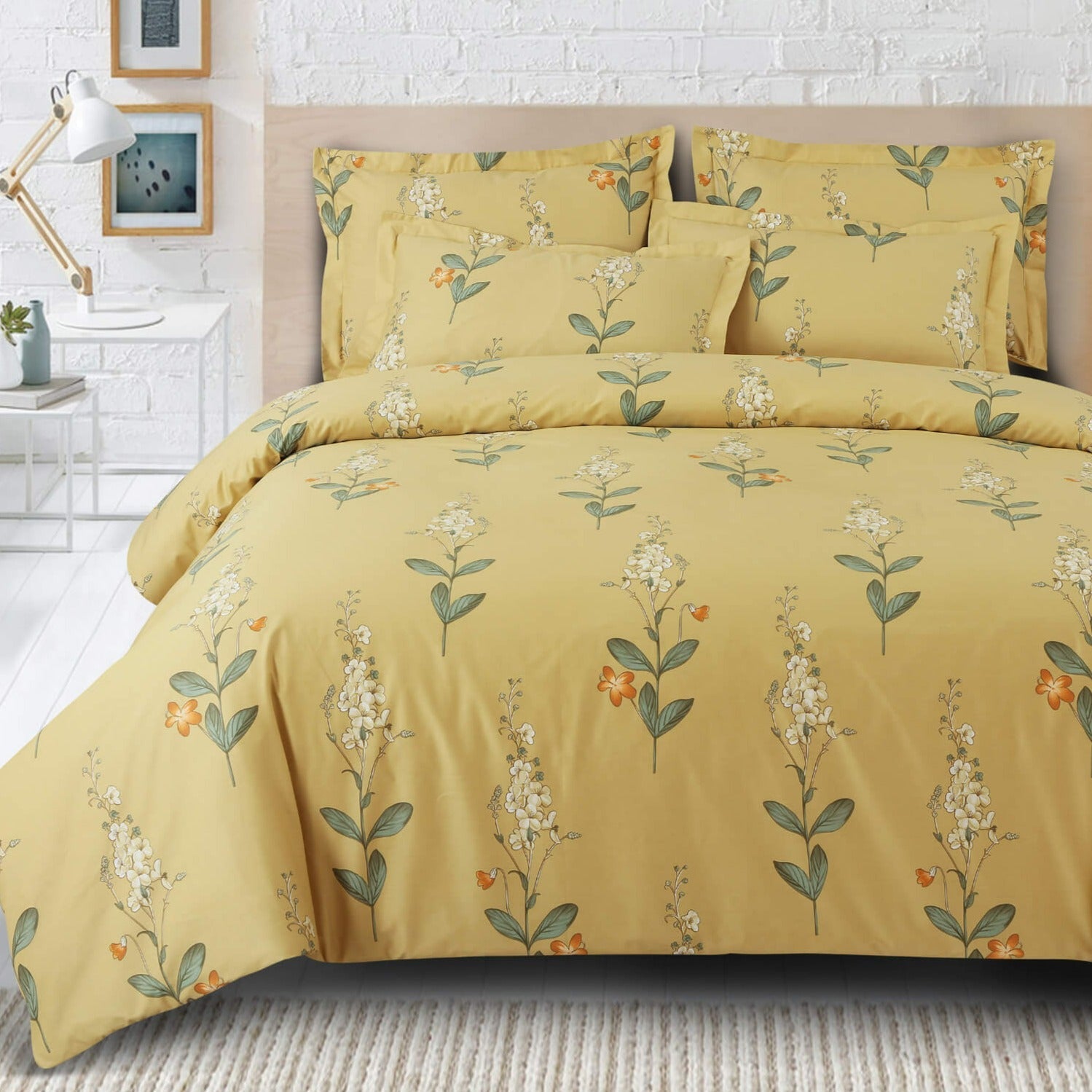 Malako Royale XL Yellow Botanic 100% Cotton King Size Bed Sheet/Bedding Set - MALAKO