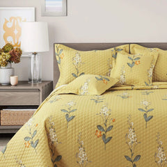 Malako Royale 100% Cotton Yellow Botanical King Size 5 Piece Quilted Bedspread Set