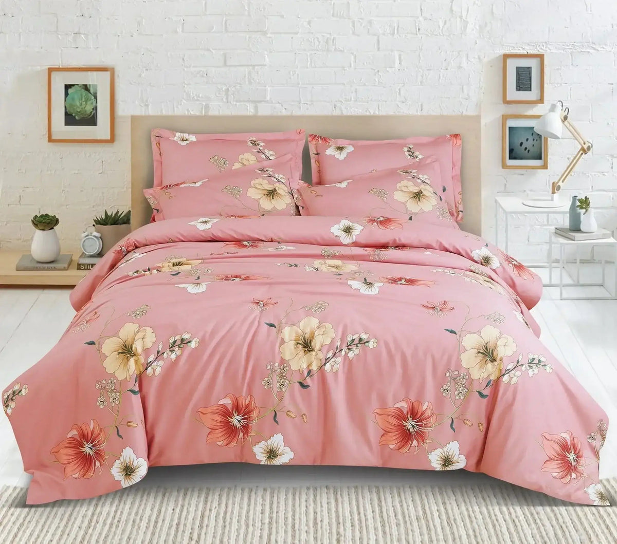 Malako Sion 100% Cotton Baby Pink Botanic King Size Bedding Set - MALAKO
