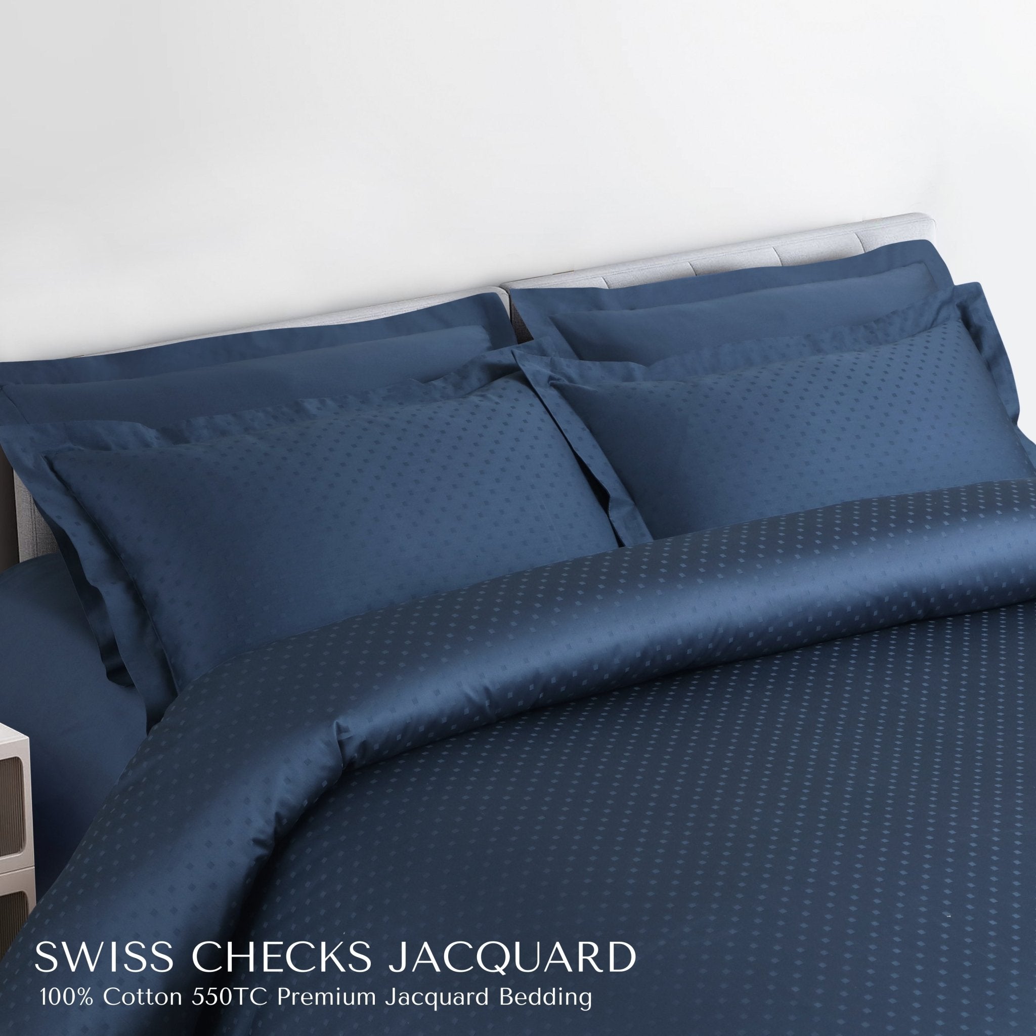 Malako Swiss Checks Jacquard 550 TC 100% Cotton King Size Bedding - MALAKO