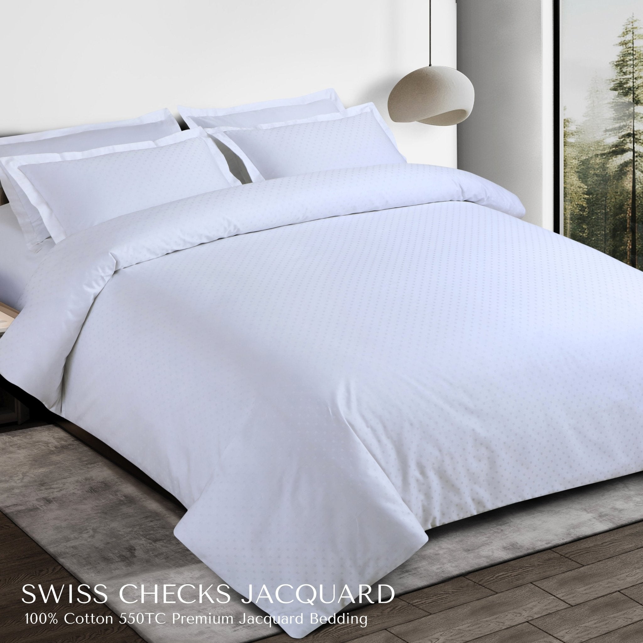Malako Swiss Checks Jacquard Brilliant White 550 TC 100% Cotton Duvet Cover - MALAKO