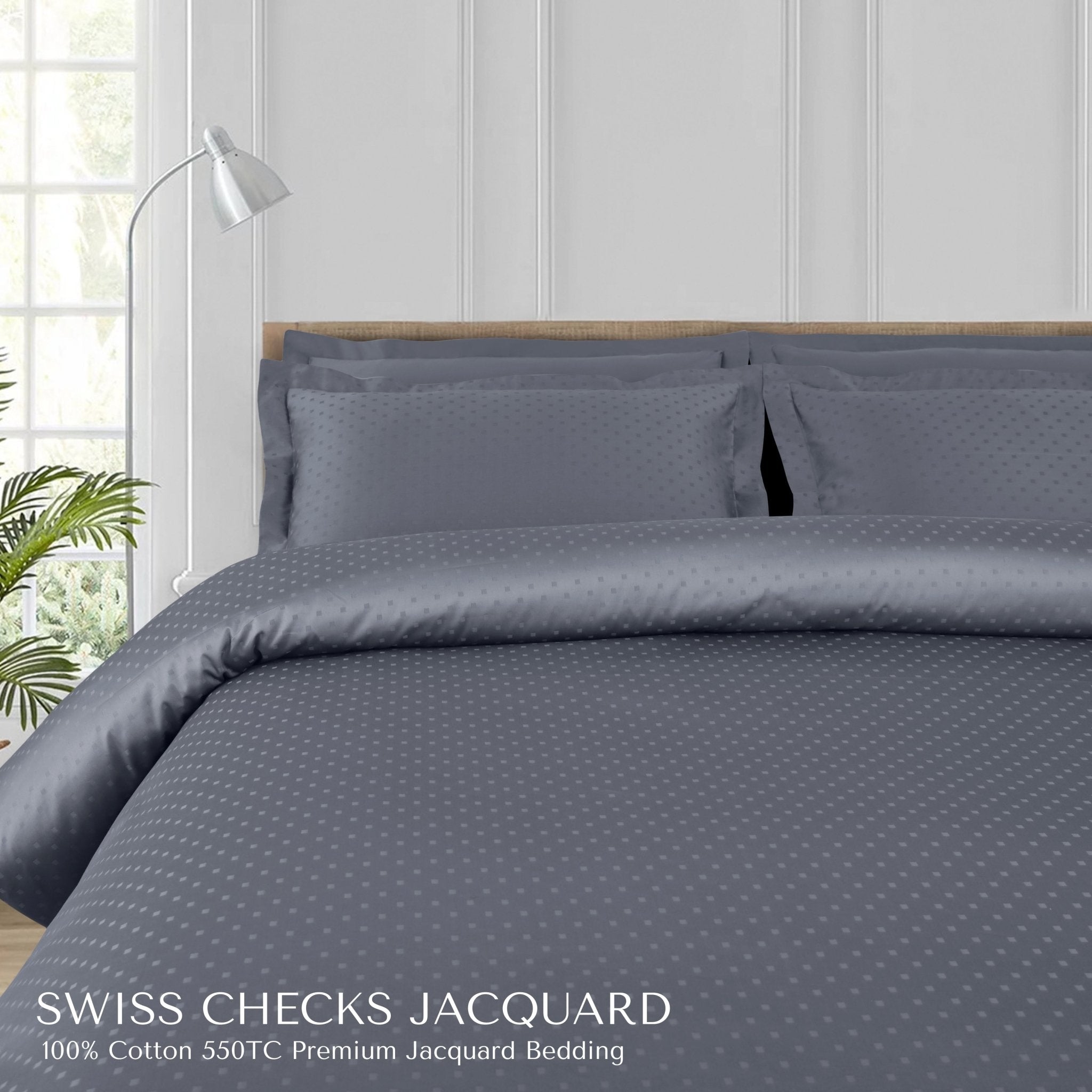 Malako Swiss Checks Jacquard Grey 550 TC 100% Cotton Duvet Cover - MALAKO
