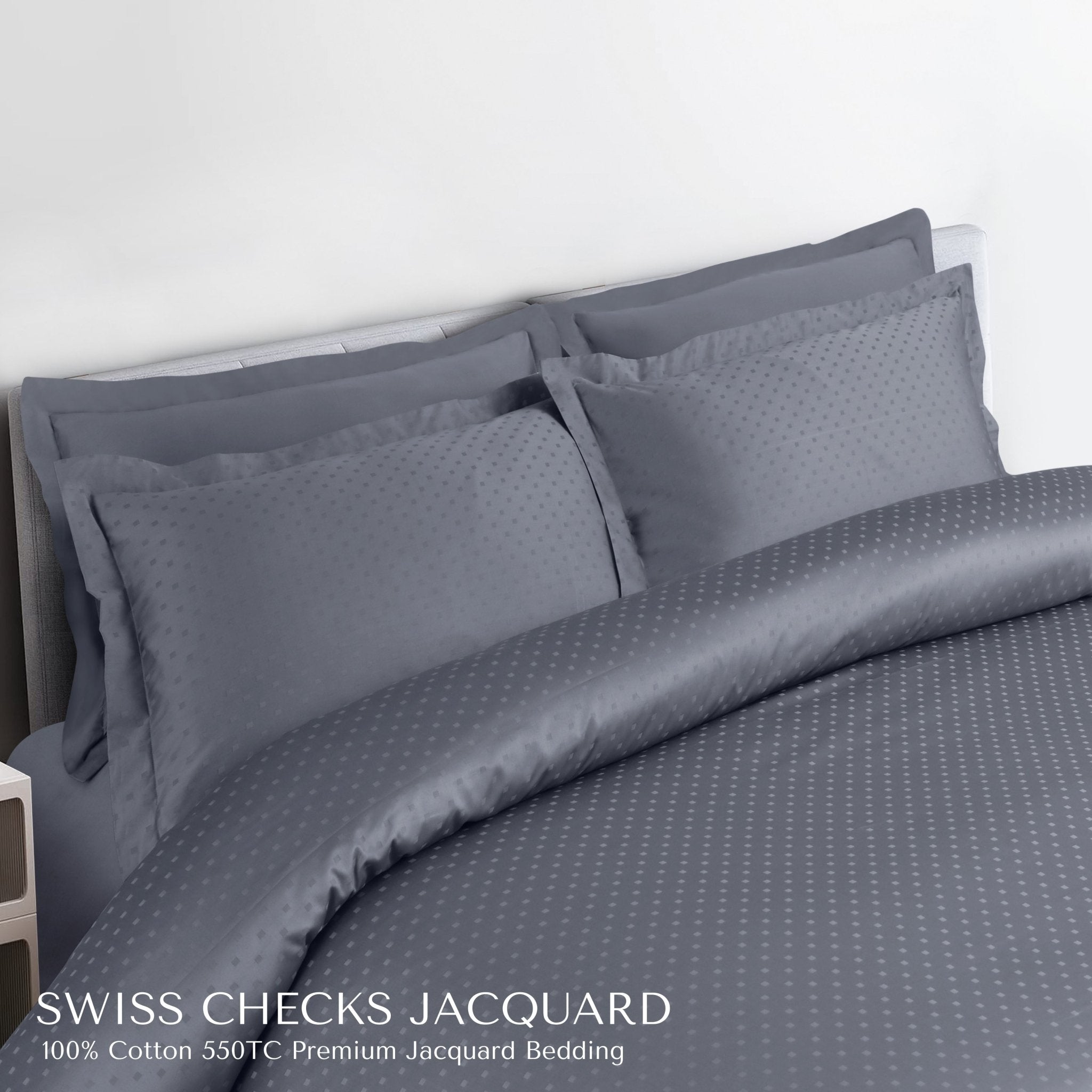 Malako Swiss Checks Jacquard Grey 550 TC 100% Cotton Duvet Cover - MALAKO