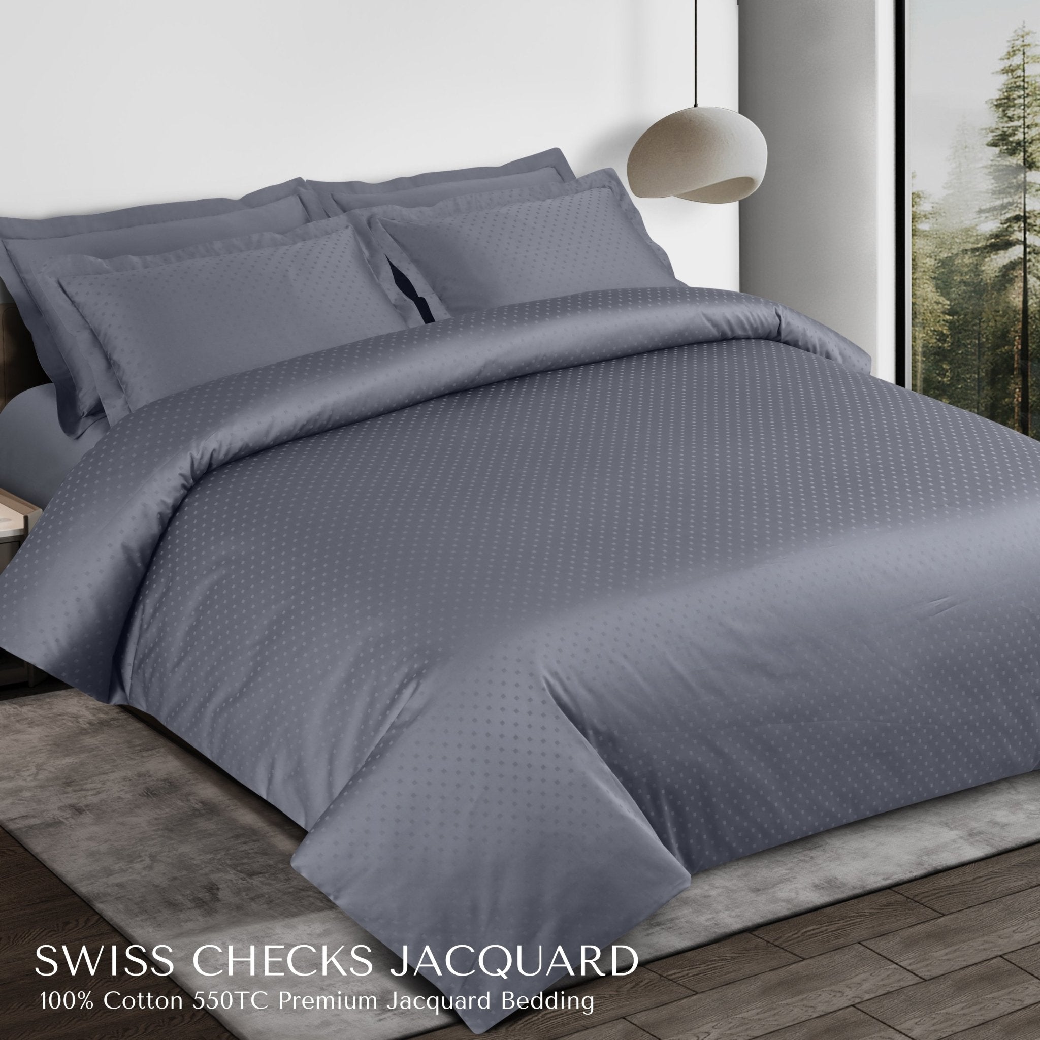 Malako Swiss Checks Jacquard Grey 550 TC 100% Cotton Duvet Cover - MALAKO