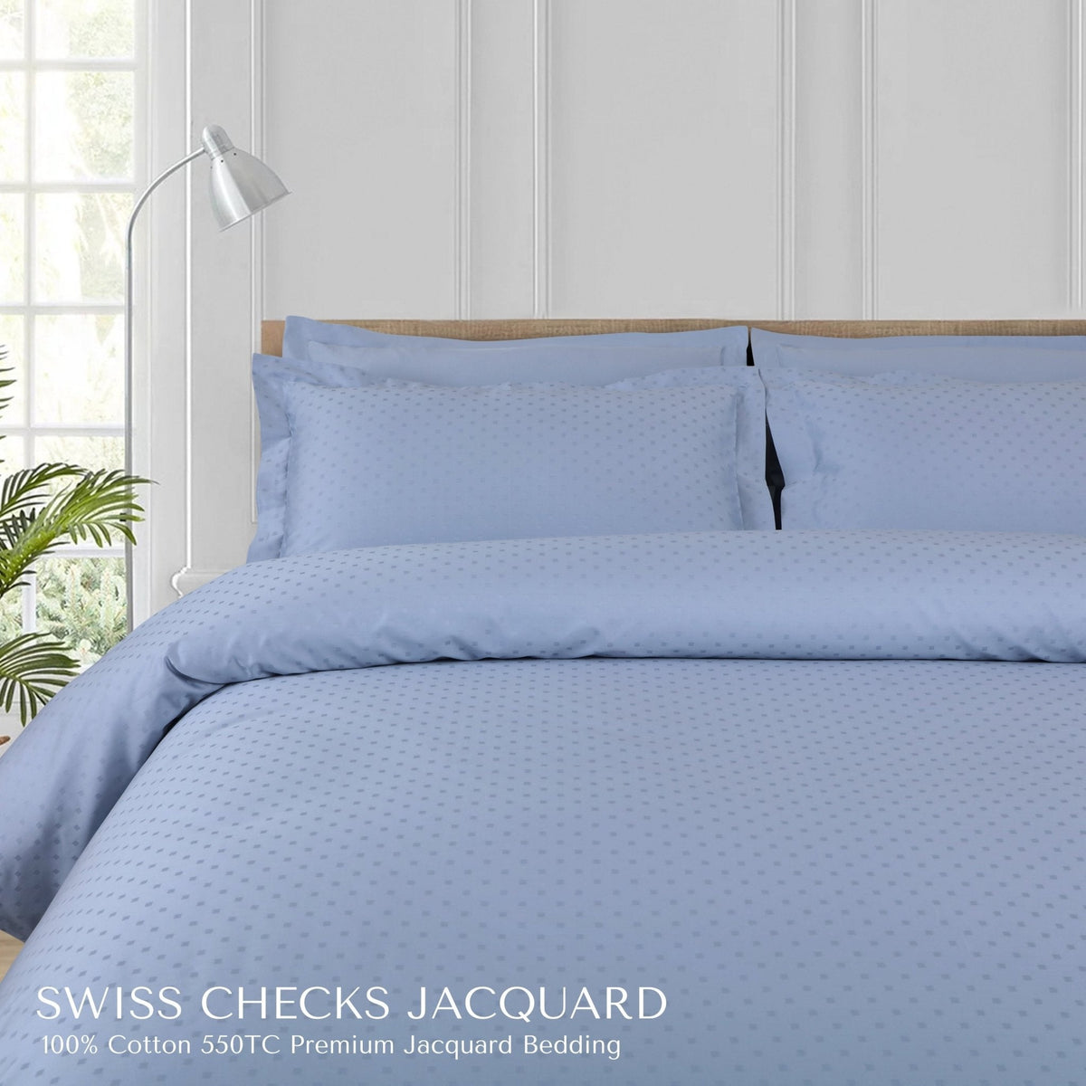 Malako Swiss Checks Jacquard Pigeon Blue 550 TC 100% Cotton Duvet Cover - MALAKO