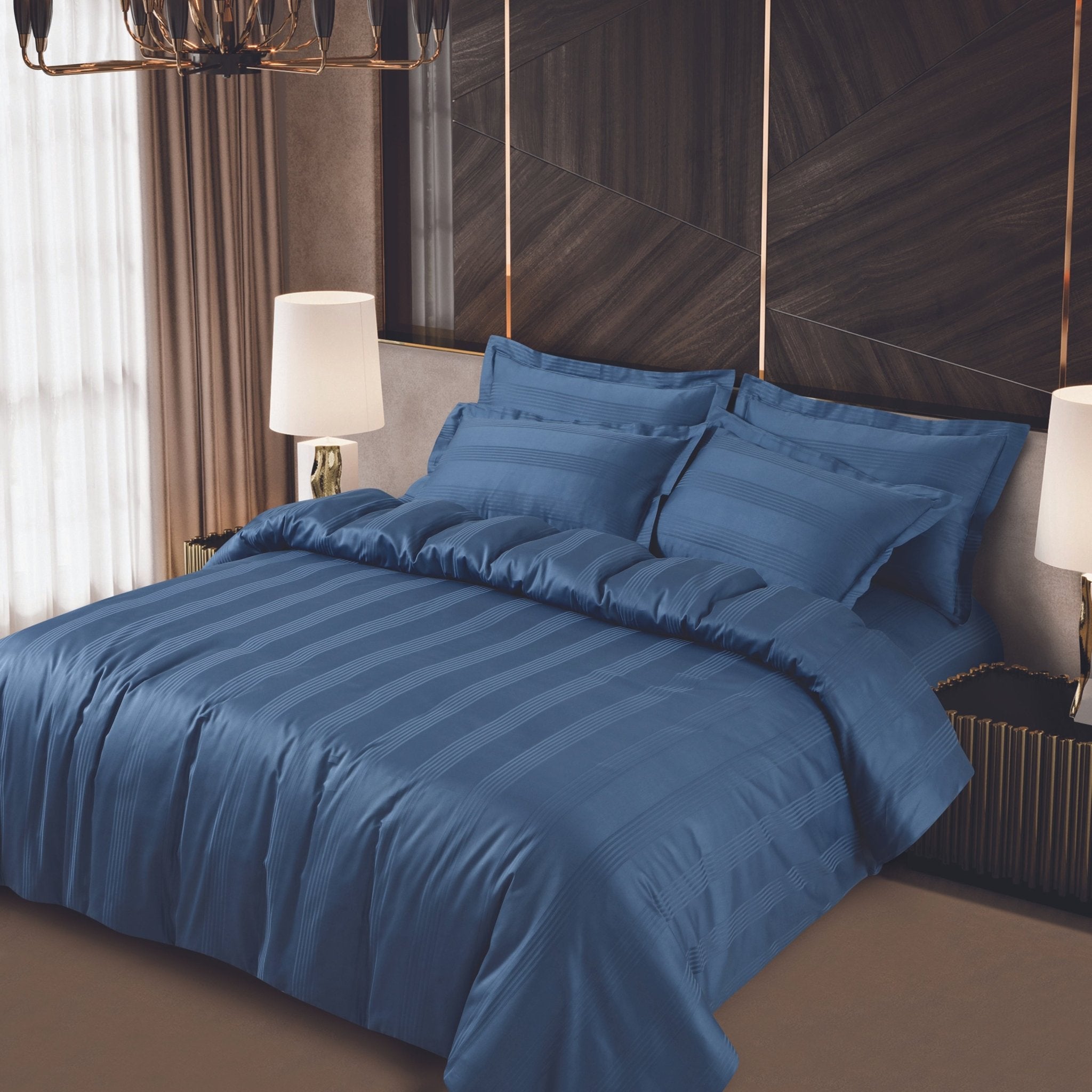Malako Turin Jacquard Blue Stripes 500TC 100% Cotton King Size 6 Piece Comforter Set - MALAKO