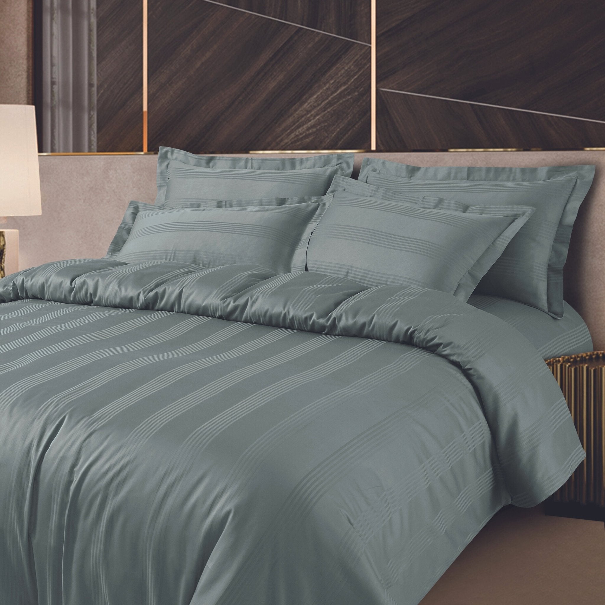 Malako Turin Jacquard Olive Green Stripes 500TC 100% Cotton King Size Bed Sheet with 2 Pillow Covers - MALAKO