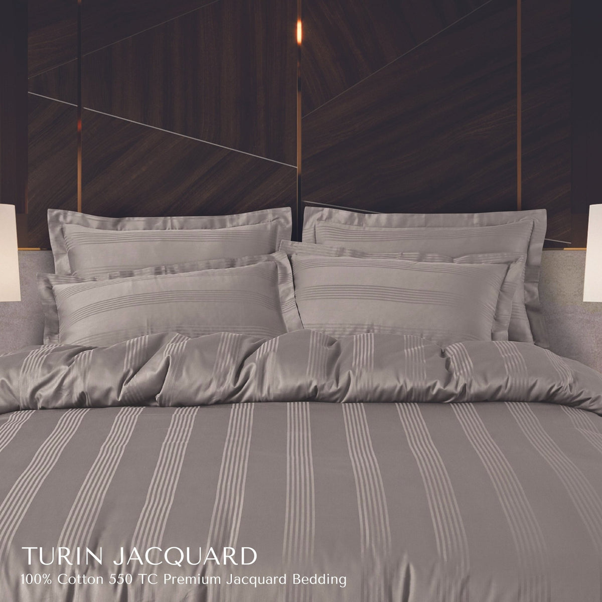 Malako Turin Jacquard Taupe Brown Stripes 500TC 100% Cotton King Size 7 Piece Duvet Cover Set - MALAKO