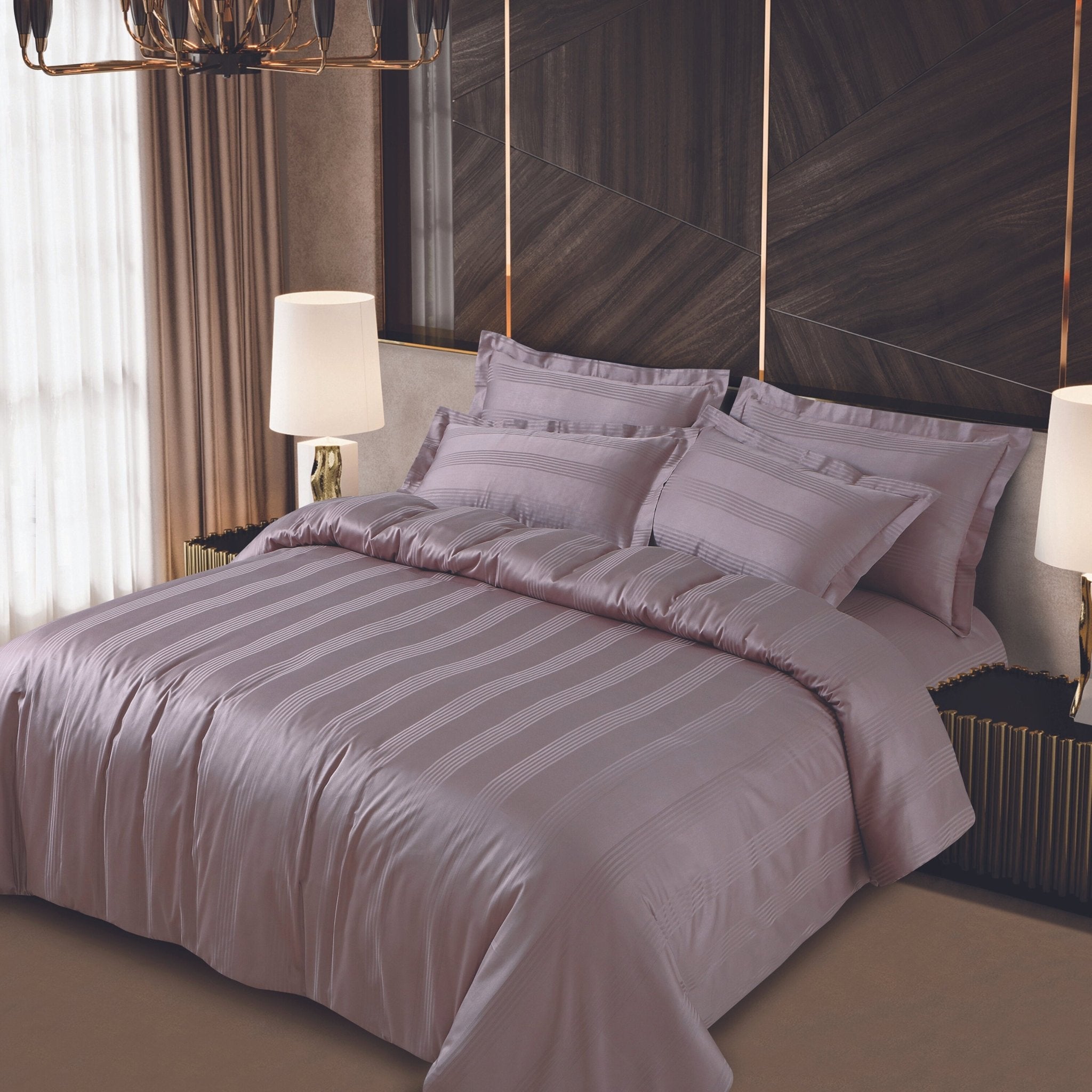 Malako Turin Jacquard Wine Stripes 500TC 100% Cotton King Size 7 Piece Duvet Cover Set - MALAKO