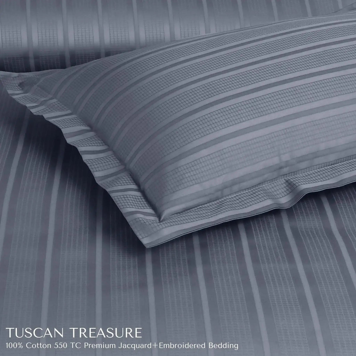 Malako Tuscan Treasure Striped Jacquard + Embroidered Grey 550 TC 100% Cotton Duvet Cover - MALAKO