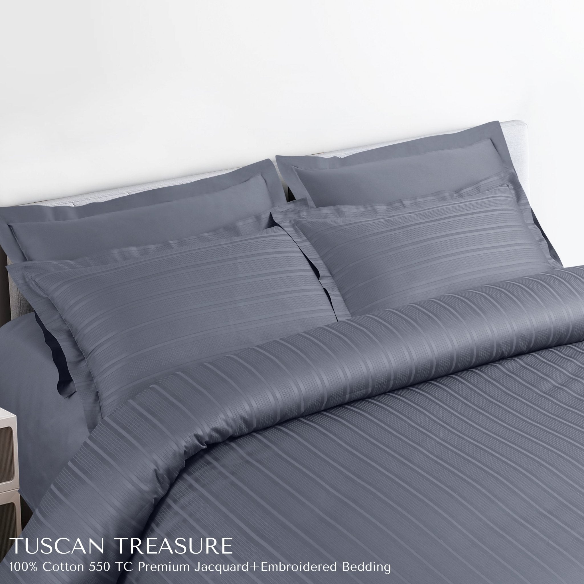 Malako Tuscan Treasure Striped Jacquard + Embroidered Grey 550 TC 100% Cotton King Size Bedding - MALAKO