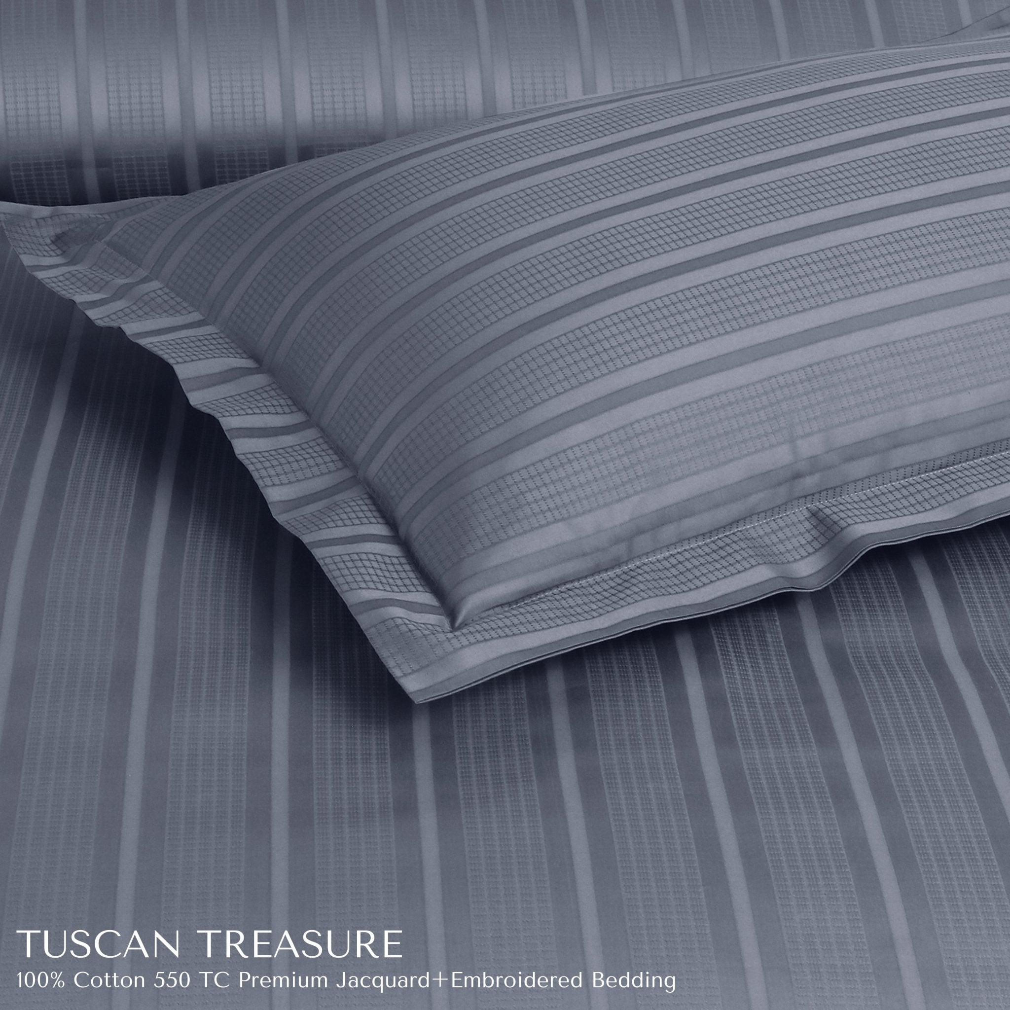 Malako Tuscan Treasure Striped Jacquard + Embroidered Grey 550 TC 100% Cotton King Size Bedding - MALAKO