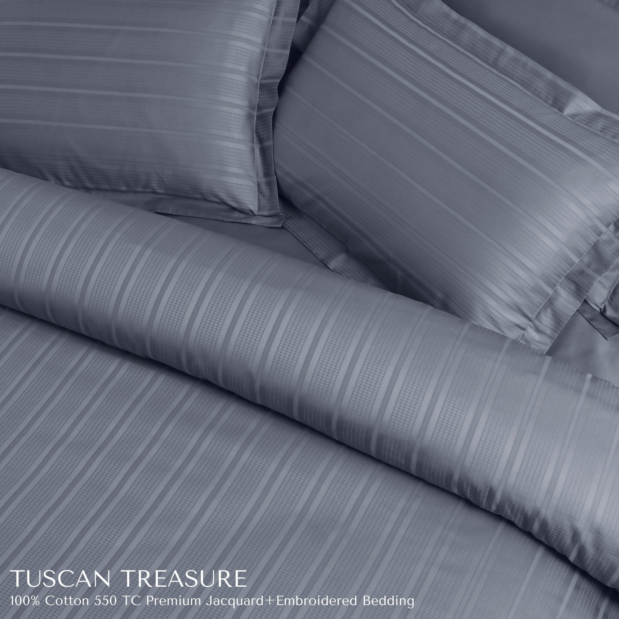 Malako Tuscan Treasure Striped Jacquard + Embroidered Grey 550 TC 100% Cotton King Size Bedding - MALAKO