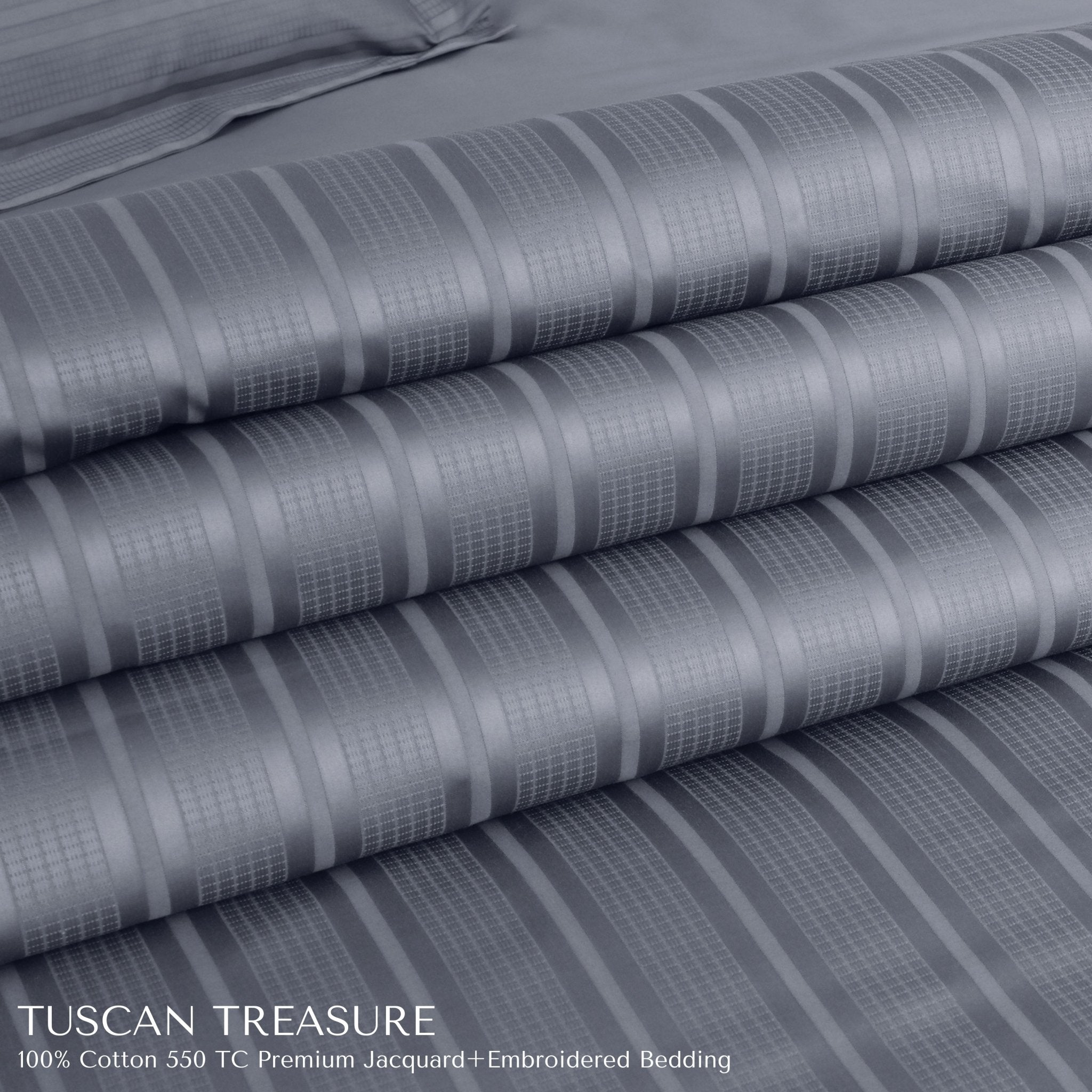 Malako Tuscan Treasure Striped Jacquard + Embroidered Grey 550 TC 100% Cotton King Size Bedding - MALAKO