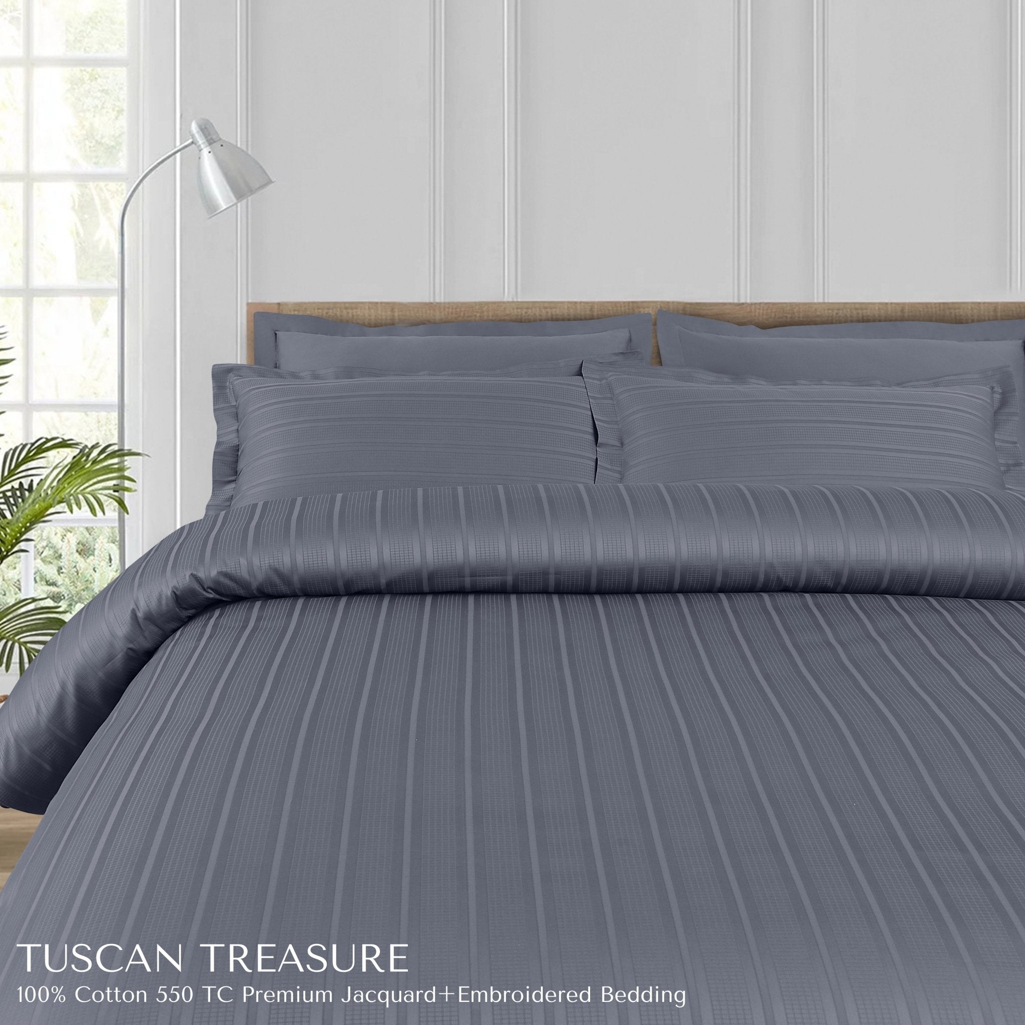 Malako Tuscan Treasure Striped Jacquard + Embroidered Grey 550 TC 100% Cotton King Size Bedding - MALAKO