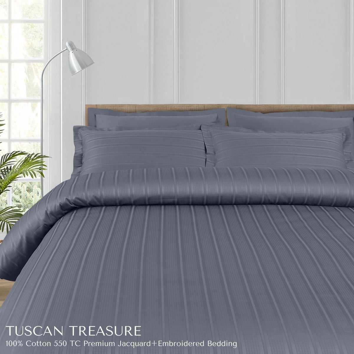 Malako Tuscan Treasure Striped Jacquard + Embroidered Grey 550 TC 100% Cotton King Size Bedding - MALAKO