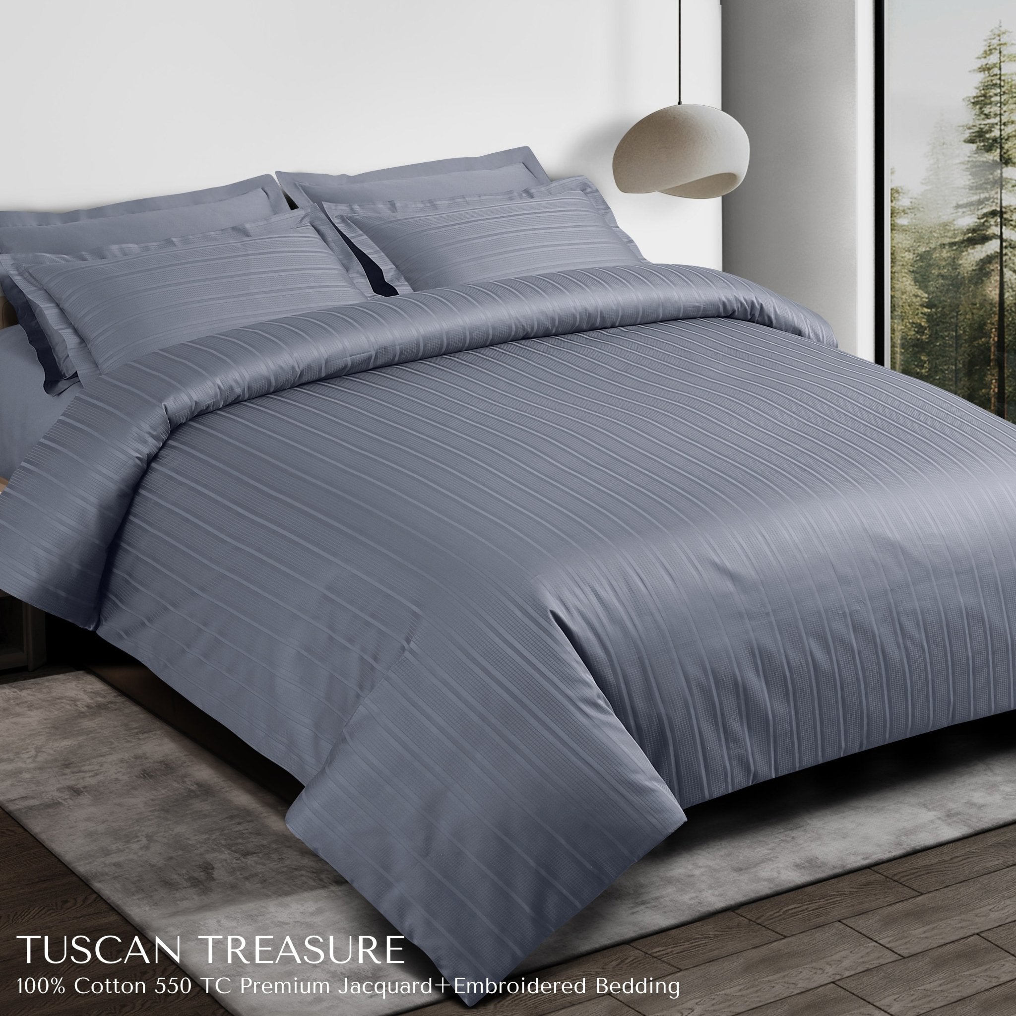 Malako Tuscan Treasure Striped Jacquard + Embroidered Grey 550 TC 100% Cotton King Size Bedding - MALAKO