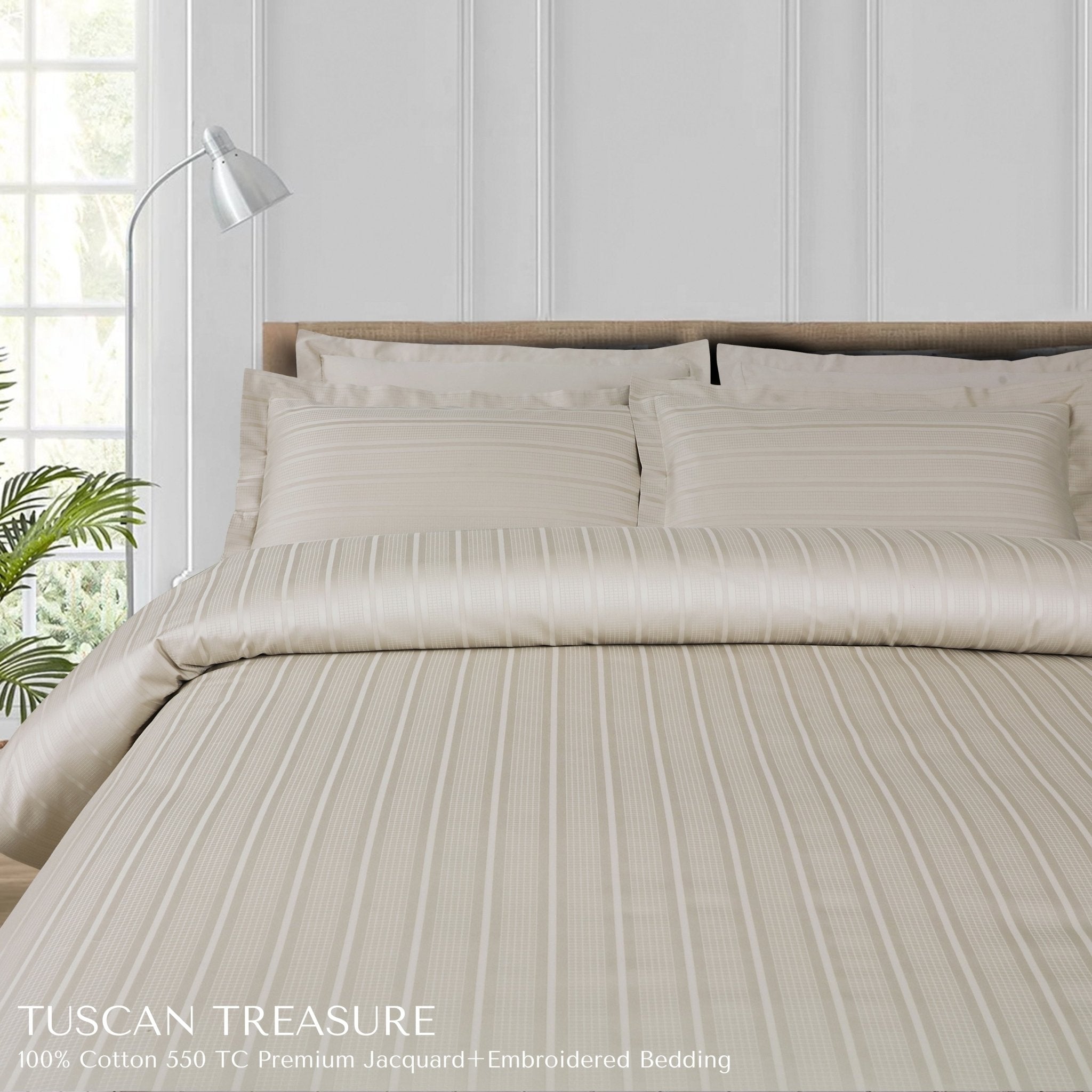 Malako Tuscan Treasure Striped Jacquard + Embroidered Olive Beige 550 TC 100% Cotton Duvet Cover - MALAKO